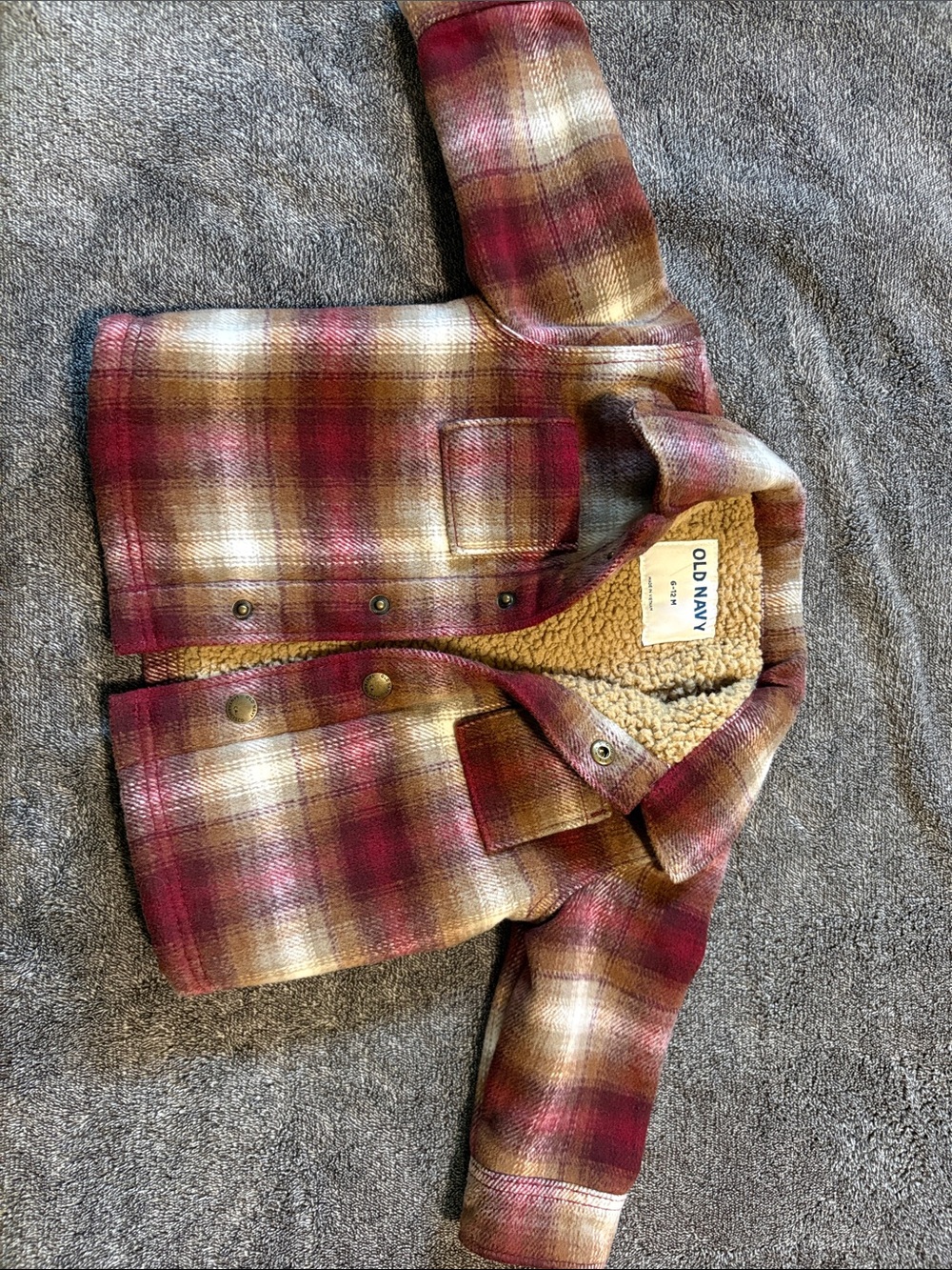 Old Navy Kids Burgundy and Brown Plaid Sherpa Pea Coat